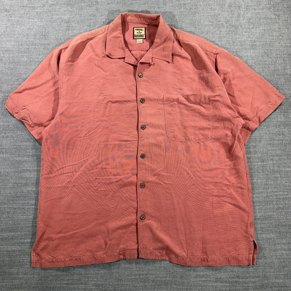 Tommy Bahama Silk Button Up Shirt Mens Large Coral Good Short Sleeve Camp Pocket
